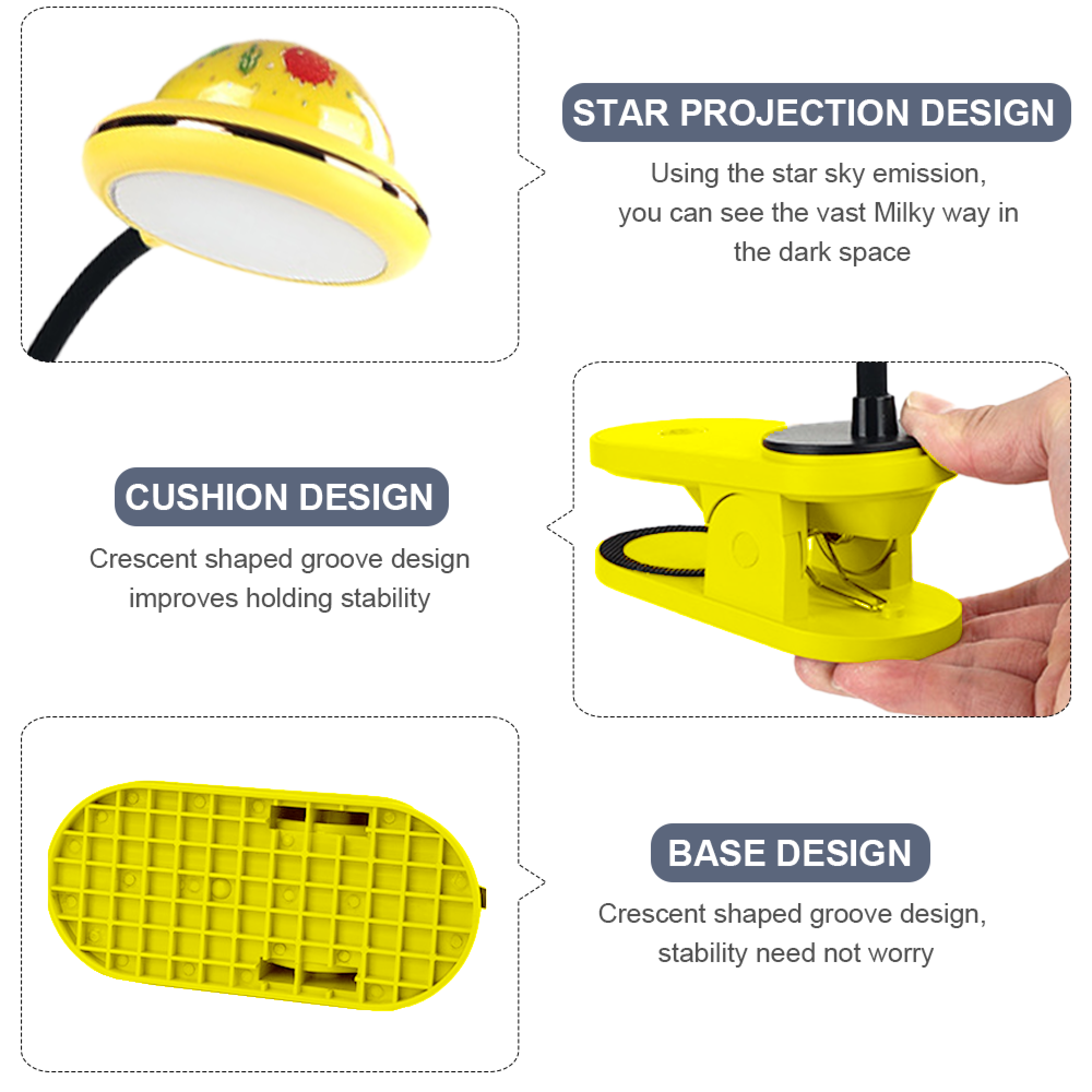 Gelbe Lampe mit Sternprojektion, Klemme und Basisdesigns gezeigt.