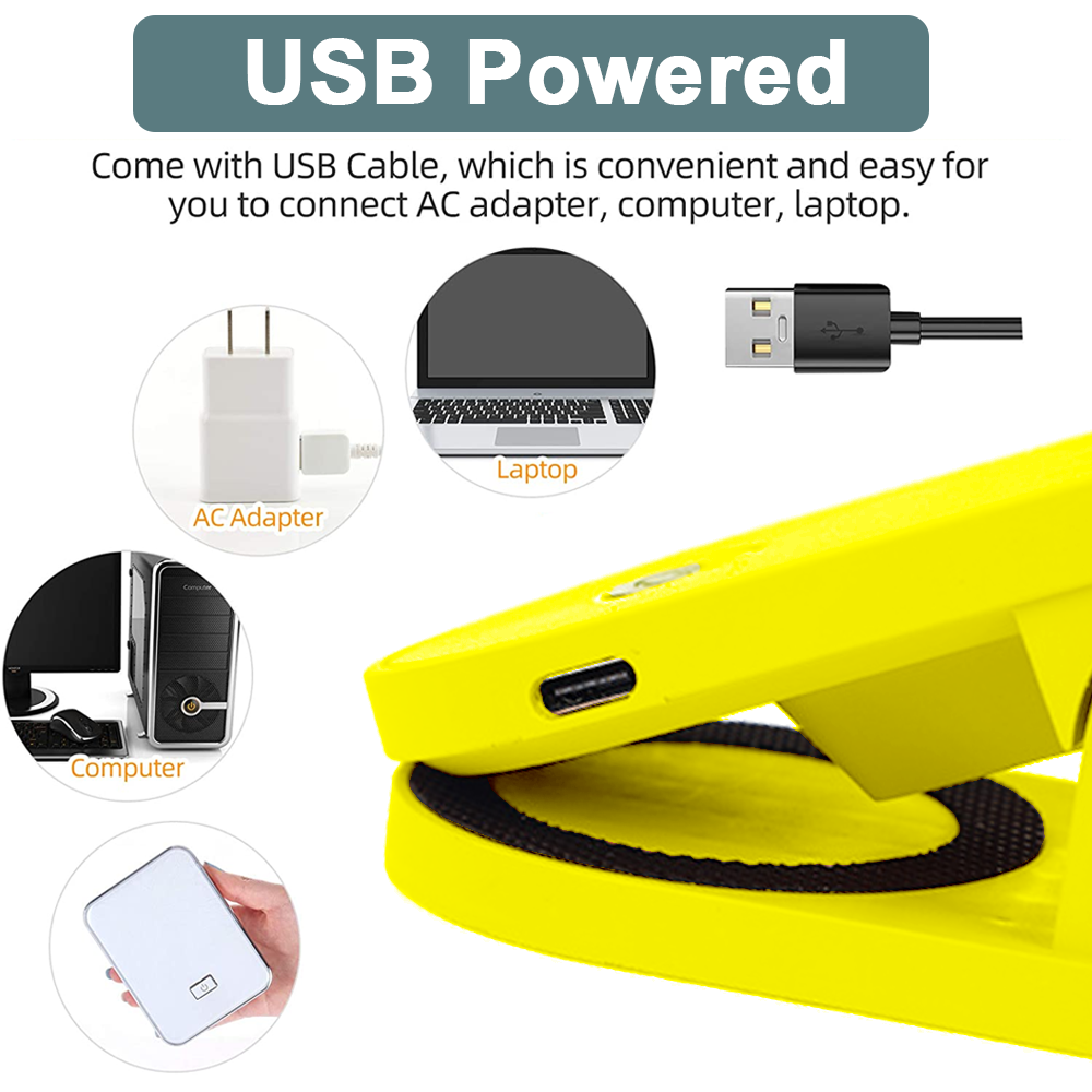 Gelbes Gerät mit USB-Anschluss, Laptop, Computer, Netzteil und USB-Kabel.