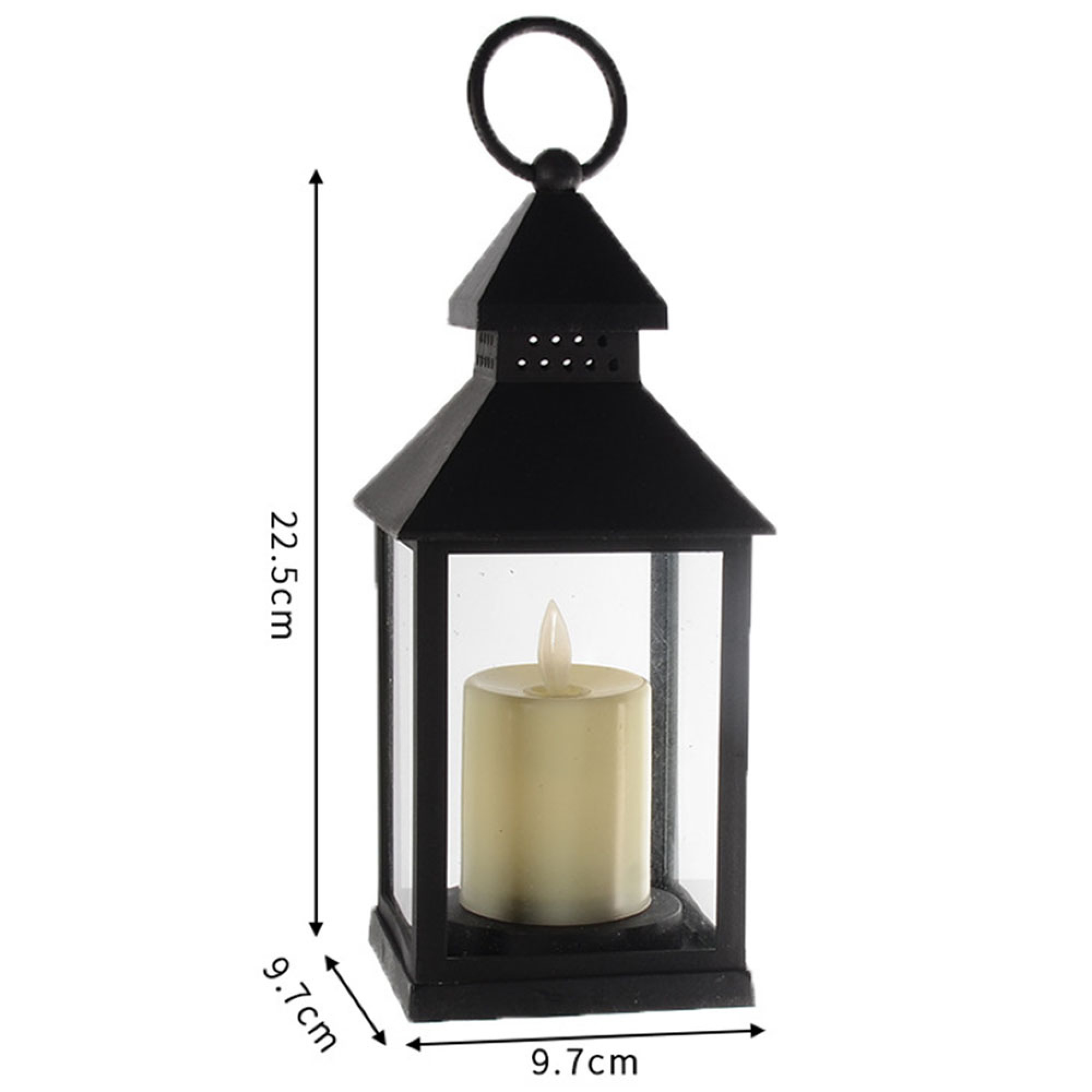 Schwarze Laterne mit batteriebetriebener Kerze, 22,5 cm hoch.