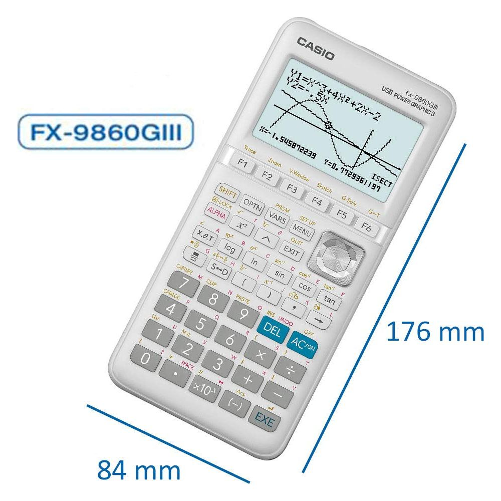 Ein weißer Casio Taschenrechner mit Display, Tasten und Maßen 84 mm und 176 mm.