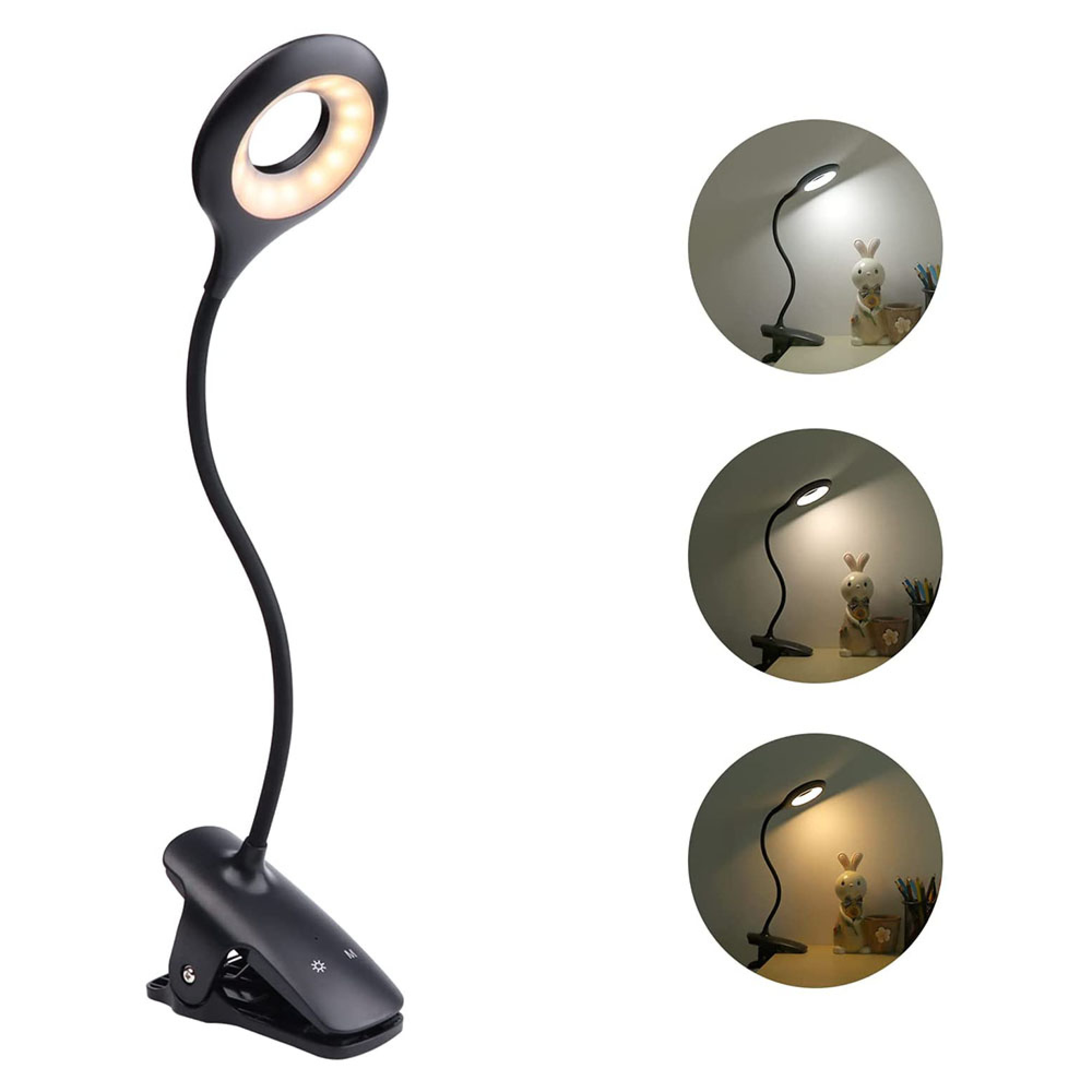 Eine schwarze Klemm-Schreibtischlampe mit flexiblem Schwanenhals und Ringlicht.