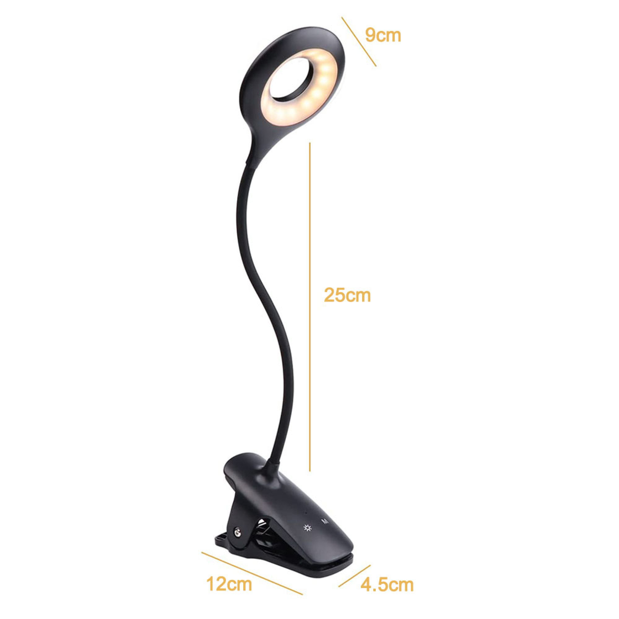 Schwarze Klemmleuchte mit flexiblem Hals und LED-Ringlicht. Maße angegeben.
