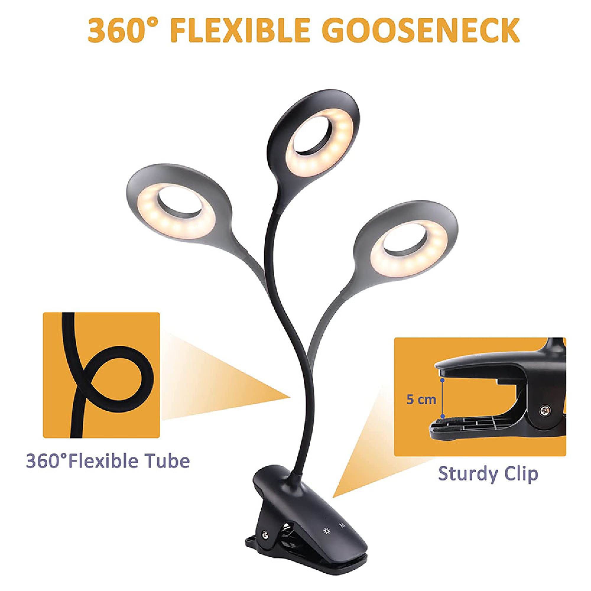 Flexibles Leselicht mit drei LED-Köpfen und stabilem Clip.