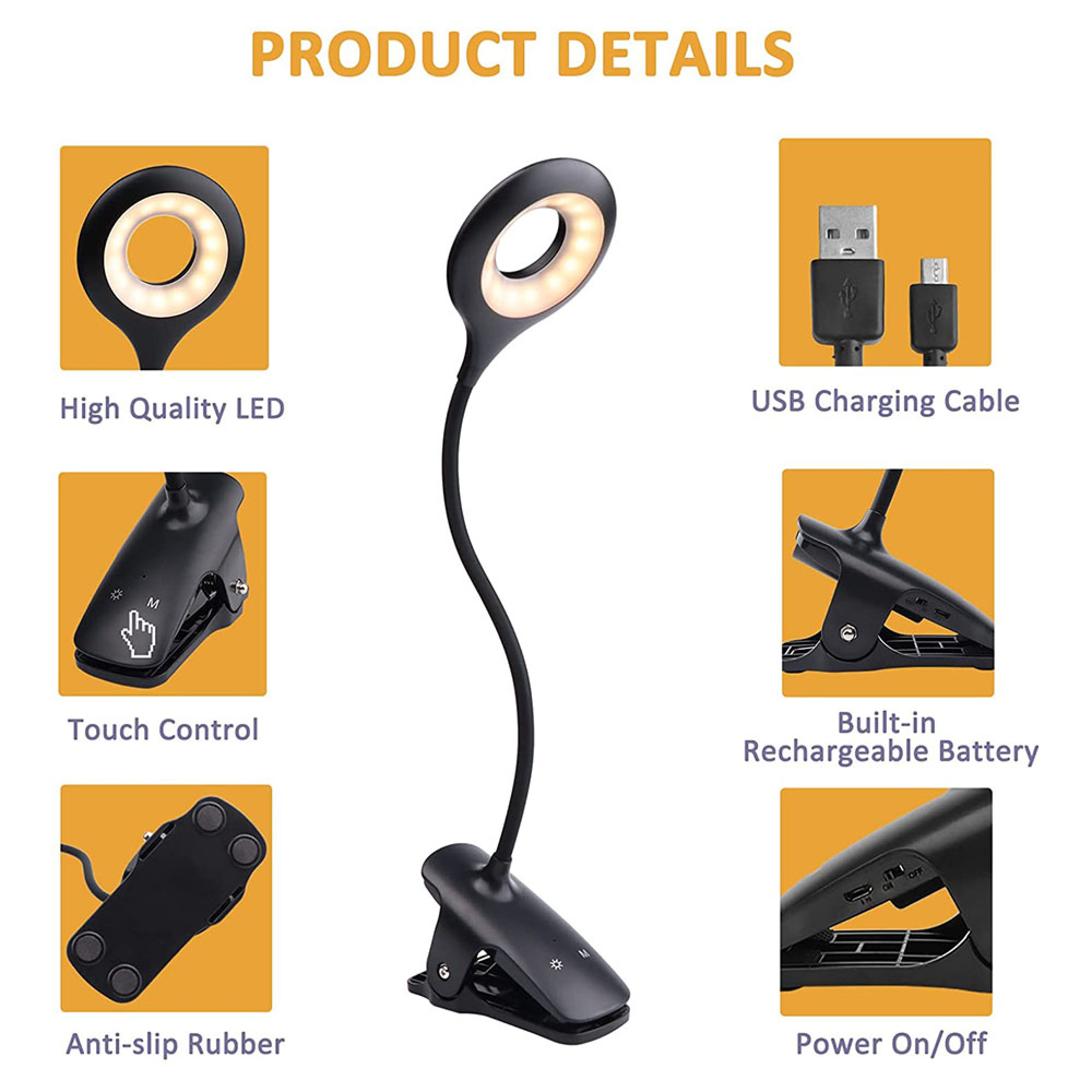 Produktübersicht mit Details zu LED, Ladekabel, Touch-Steuerung, Akku, Gummifüßen und Schalter.