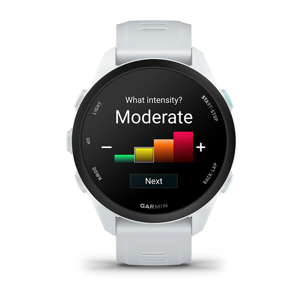 İlerleme çubuğuna sahip orta düzey yoğunluğu gösteren beyaz Garmin saat.