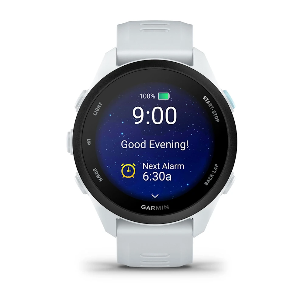 Beyaz Garmin akıllı saat 9:00, İyi Akřamlar! ve sonraki alarm 6:30 gsteriyor.