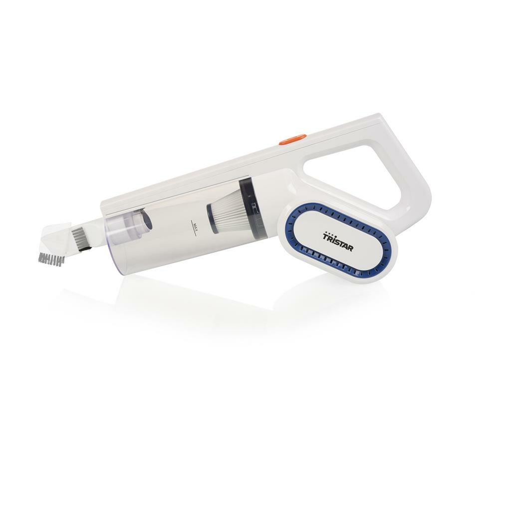 Aspirapolvere bianco portatile con pulsante arancione e finiture blu, su sfondo bianco.