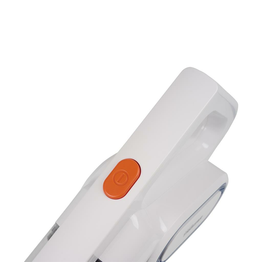 Un aspirapolvere portatile bianco con un pulsante arancione sull'impugnatura.