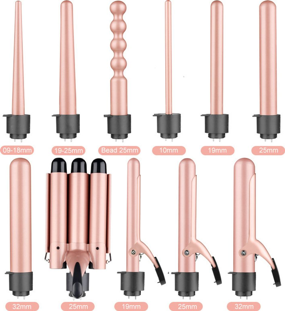 Roségoldene Lockenstäbe mit unterschiedlichen Laufgrößen und Formen.