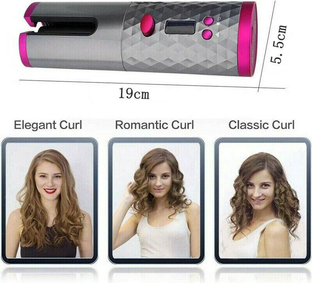 Ein Lockenstab mit pinken Akzenten, der drei Frisuren zeigt: Elegant, Romantisch, Klassisch.