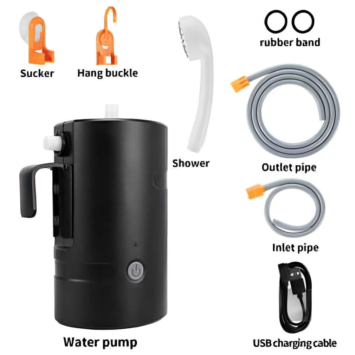Ein schwarzer Wasserpumpen-Kit mit Zubehör: Saugnapf, Aufhängehaken, Duschkopf, Rohre, Gummibänder und Ladekabel.