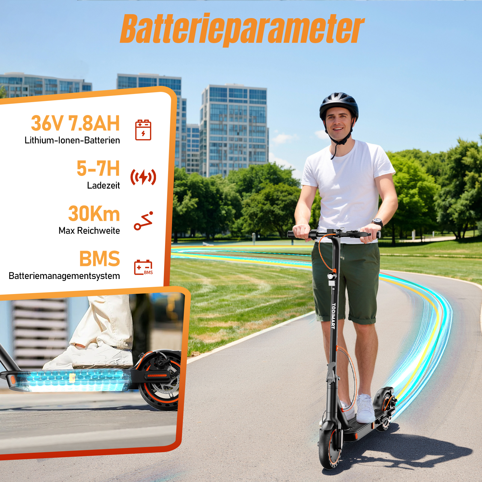 Mann fährt E-Scooter, Batterieparameter 36V 7.8AH, Ladezeit 5-7 Std., Reichweite 30Km.