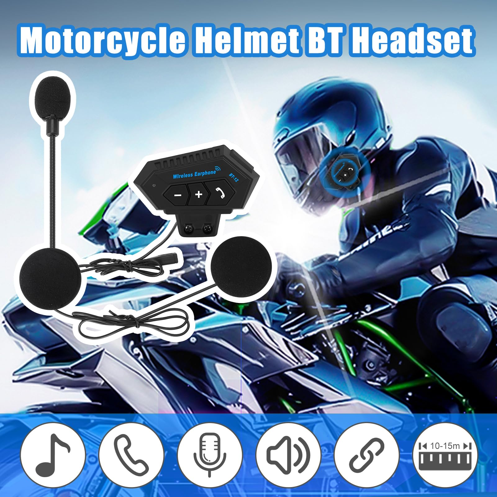 Motorradhelm-BT-Headset mit Mikrofon und Lautsprechern, mit Fahrer und Motorrad.
