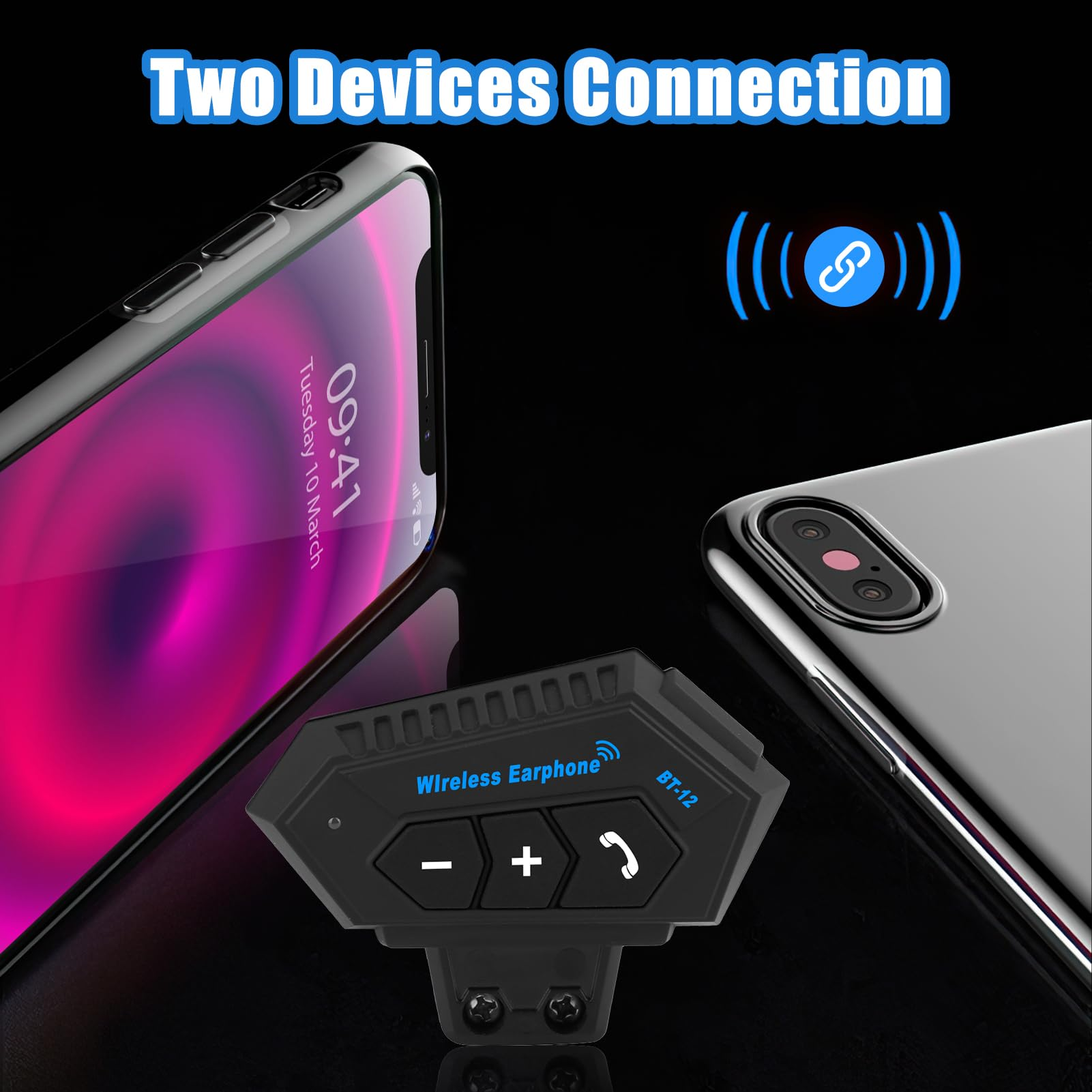 Ein Smartphone, ein Wireless Earphone-Controller und ein zweites Smartphone auf schwarzem Hintergrund.