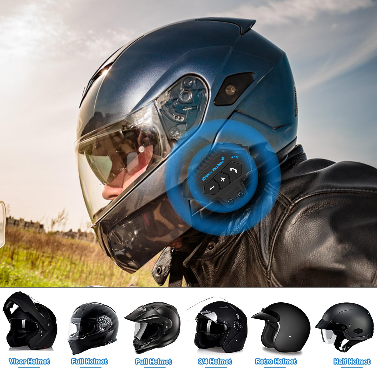 Motorradfahrer mit Helm und Bluetooth-Headset, darunter 6 Helmtypen.