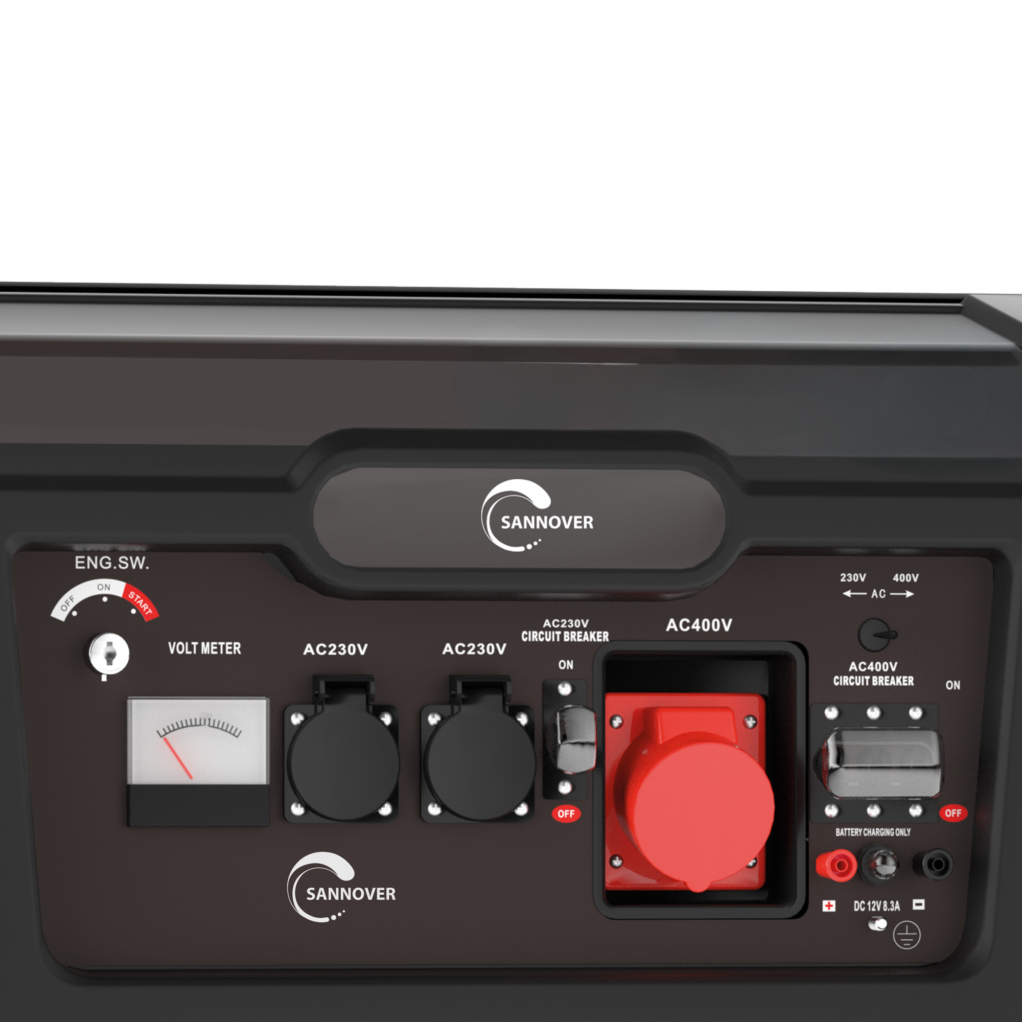 Panel de control de generador con enchufes, interruptores, voltímetro y etiquetas.