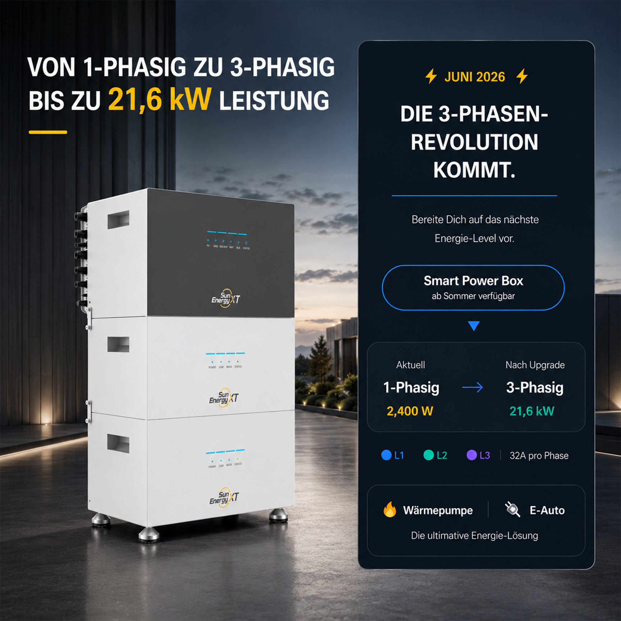 Drei weiße und dunkle Energieboxen mit Text über 1-Phasen- zu 3-Phasen-Upgrade.
