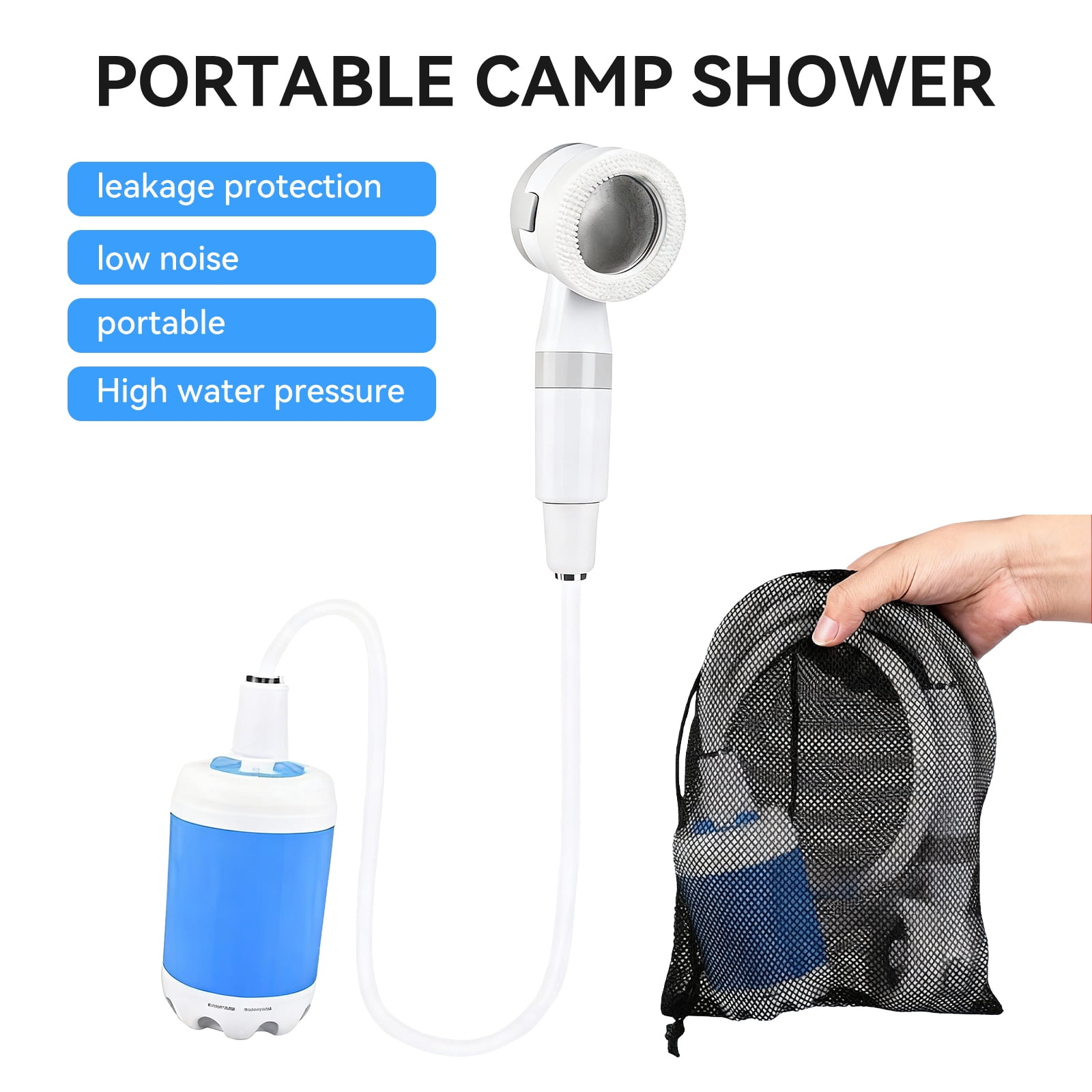 Tragbare Campingdusche mit Pumpe, Duschkopf und Aufbewahrungsbeutel.