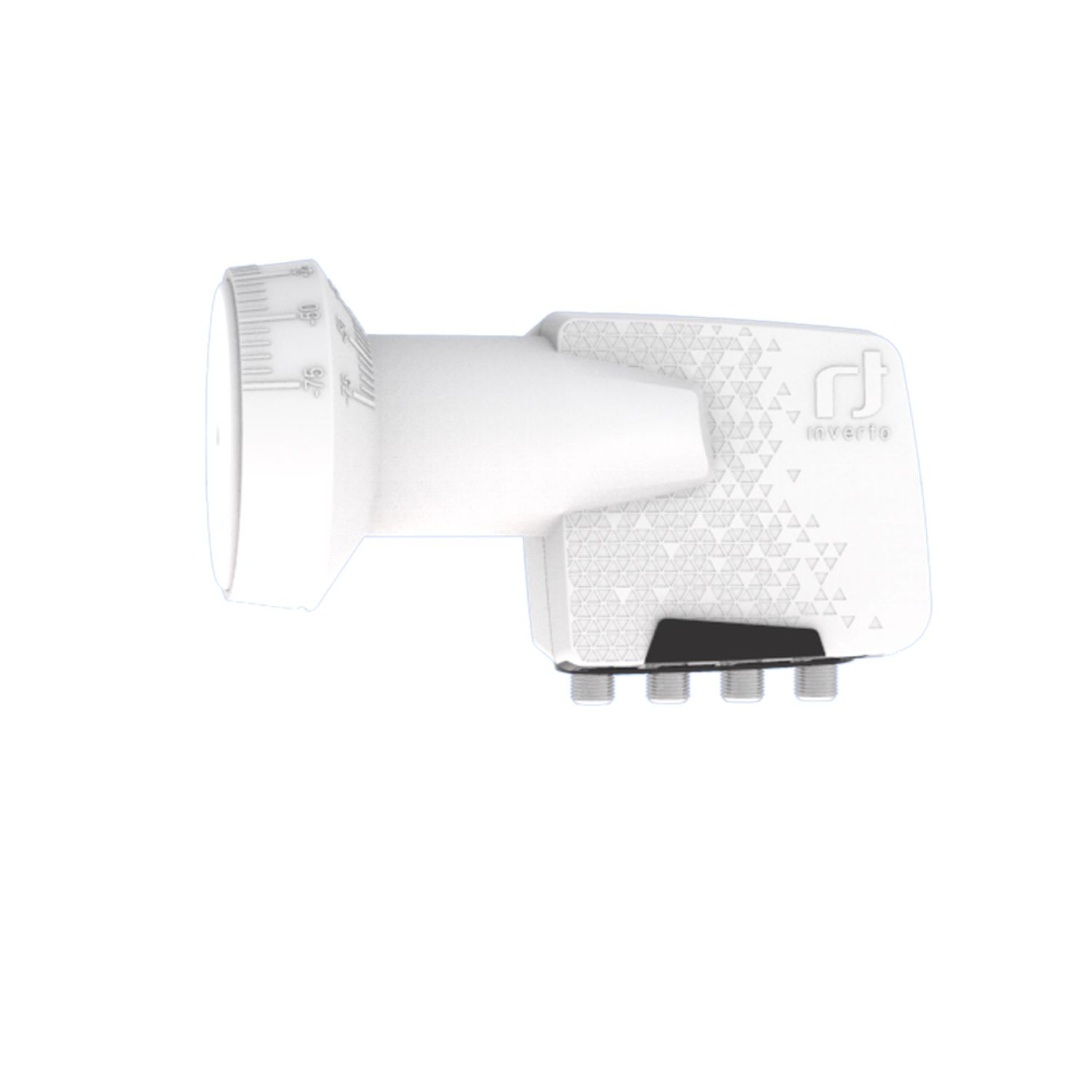 Ein weißer Satelliten-LNB mit Skala und vier Anschlüssen.