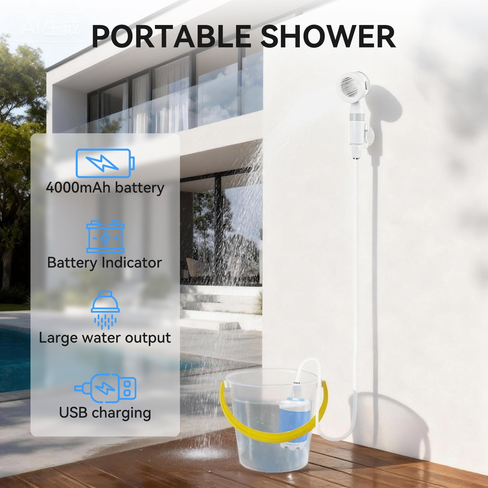 Tragbare Dusche mit Akku, Ladeanzeige und USB-Ladung in einem Eimer.