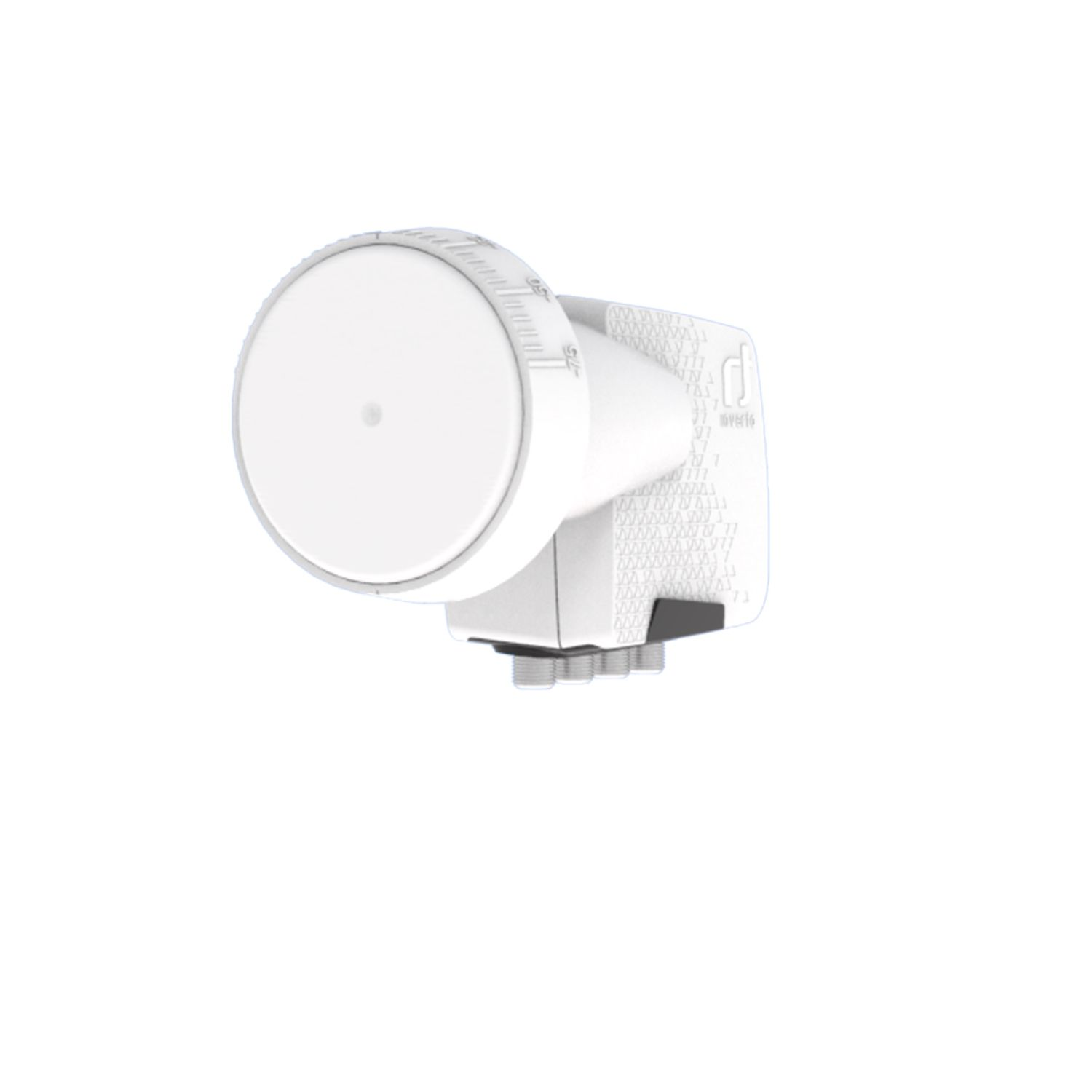 Ein weißer LNB mit Skala, der an einer Satellitenschüssel befestigt ist.