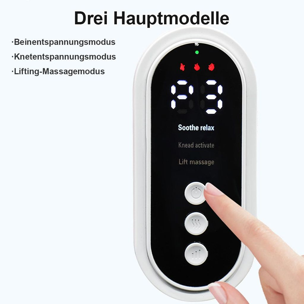 Ein Finger drückt einen Knopf auf einem Massagegerät mit drei Modi.