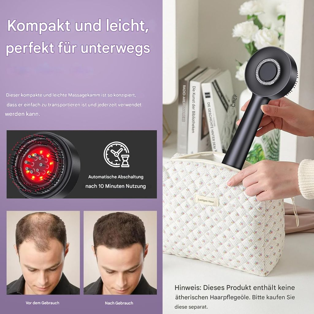 Ein schwarzer Massagekamm mit roten LEDs wird in eine Tasche gesteckt. Vorher/Nachher-Bilder eines Mannes mit Haarausfall.