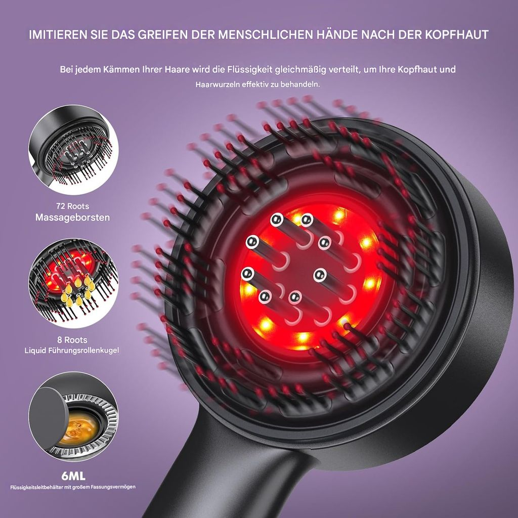 Ein schwarzes Haar-Wachstumsgerät mit roten Lichtern und Borsten.