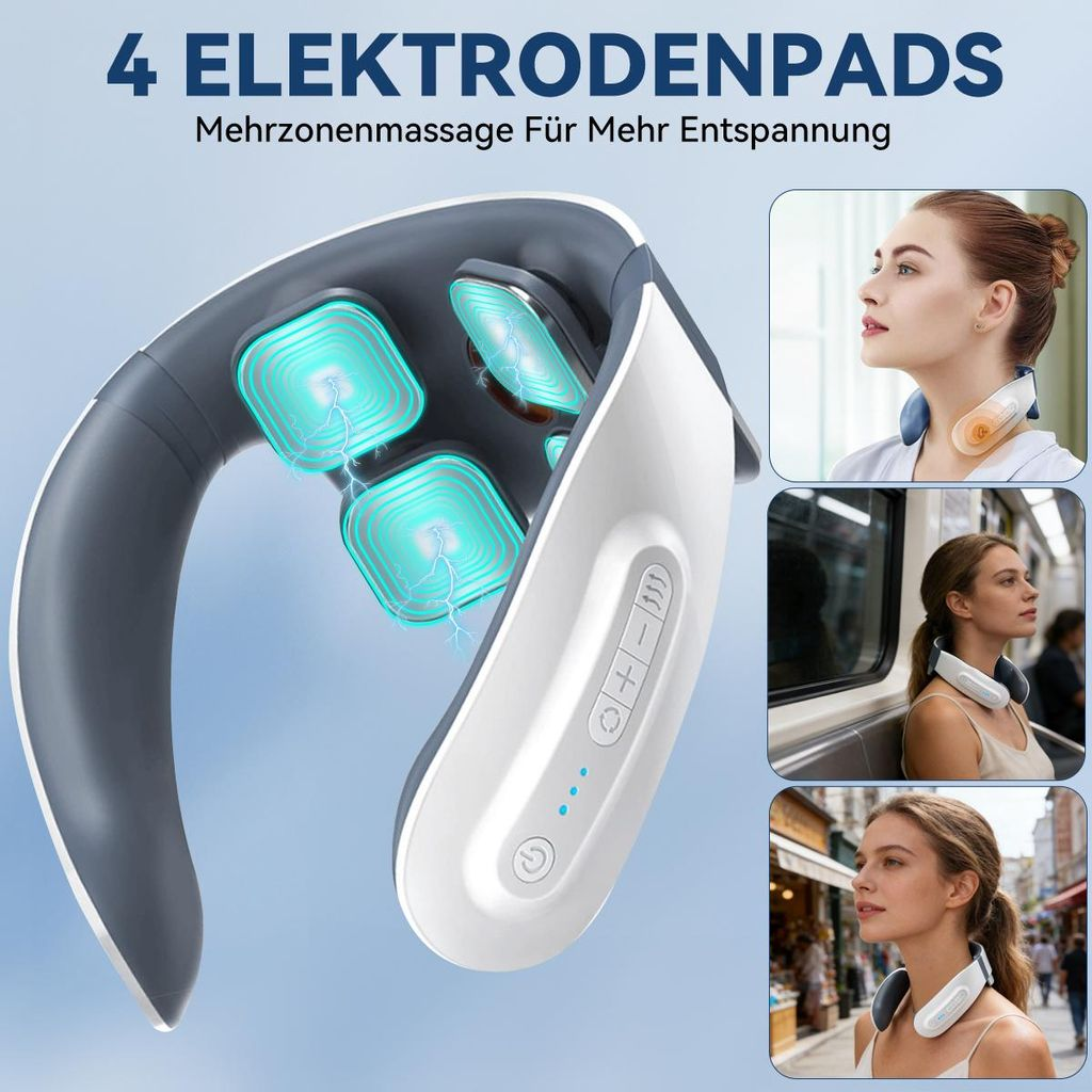 Nackenmassagegerät mit 4 Elektodenpads, blau leuchtend, Bedienfeld und Frauen, die es tragen.
