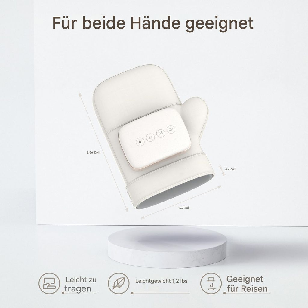 Weiße Handwärmer-Manschette mit Bedienelementen, Maße und Text zur Tragbarkeit.