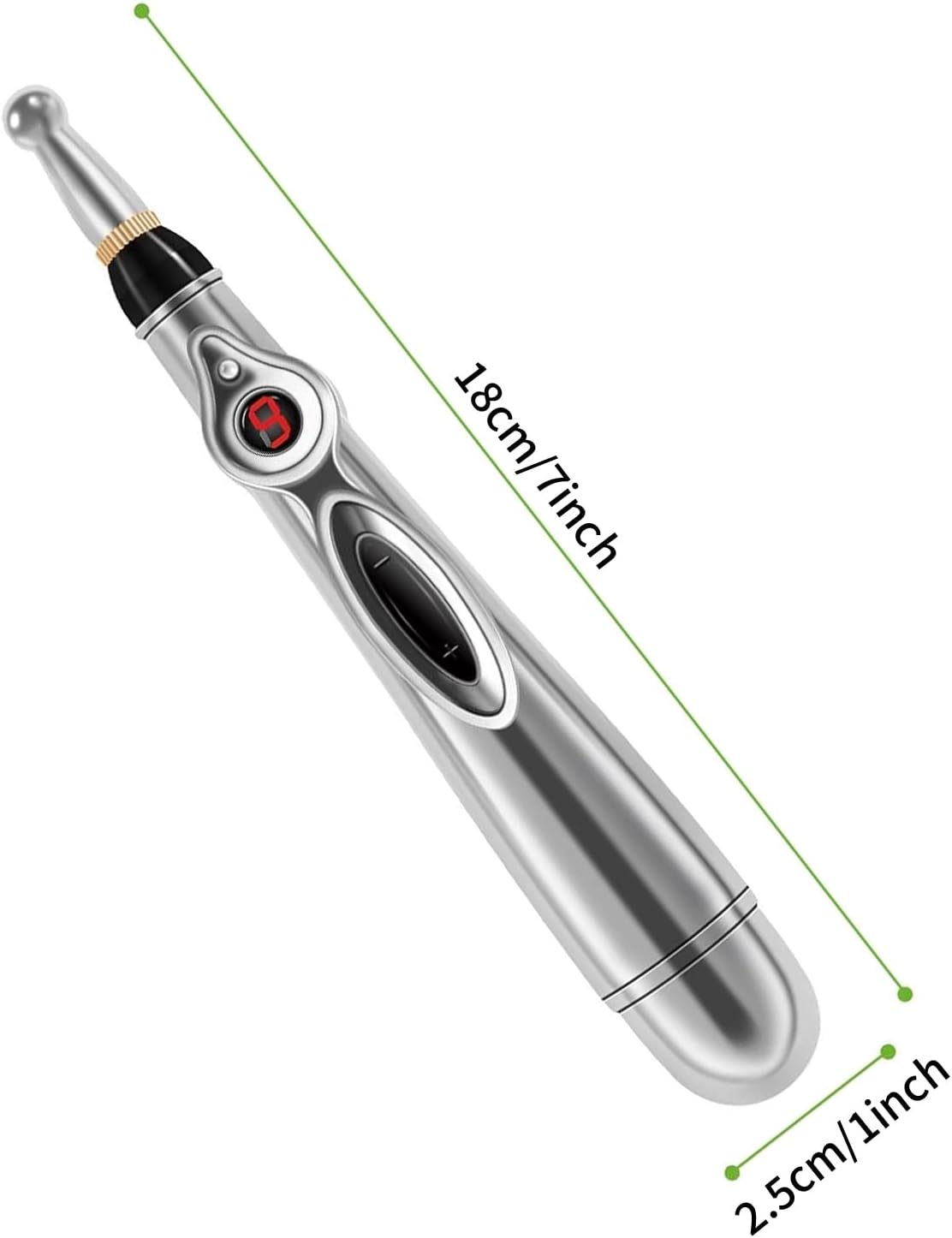 Ein silberner Akupunkturstift mit rotem Display und Maßen.