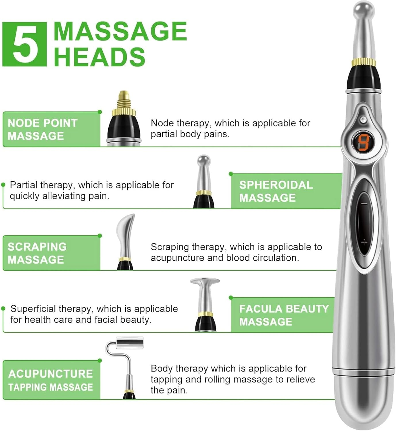 Fünf Massageköpfe: Punkt-, Kugel-, Schab-, Schönheits- & Akupunktur-Massageaufsätze.
