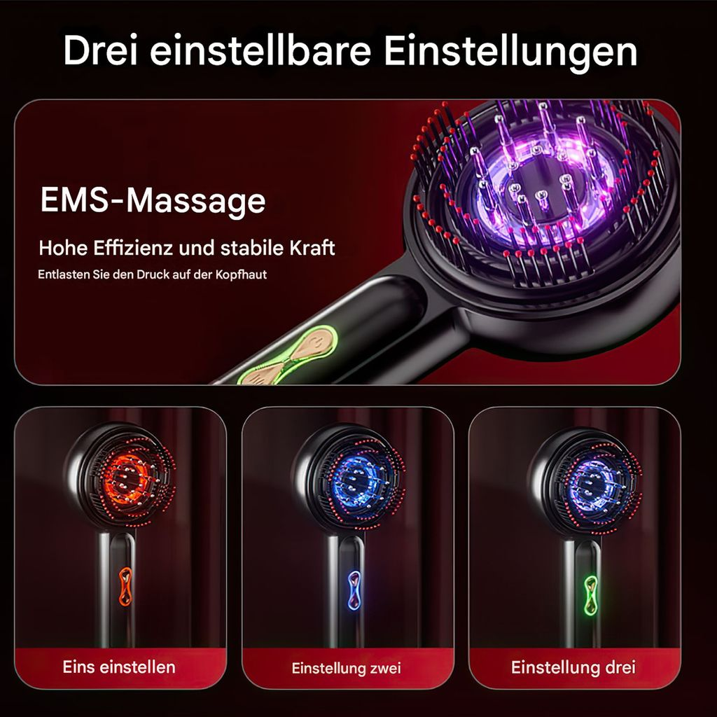 Ein Massagegerät mit drei einstellbaren Modi: rot, blau und grün.