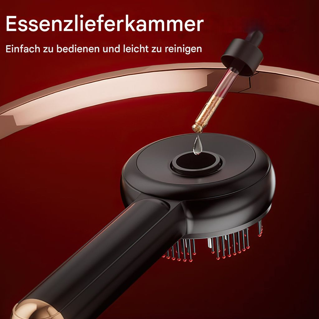 Ein schwarzes Massagegerät mit Tropfer, der Flüssigkeit auf die Bürstenköpfe fallen lässt.