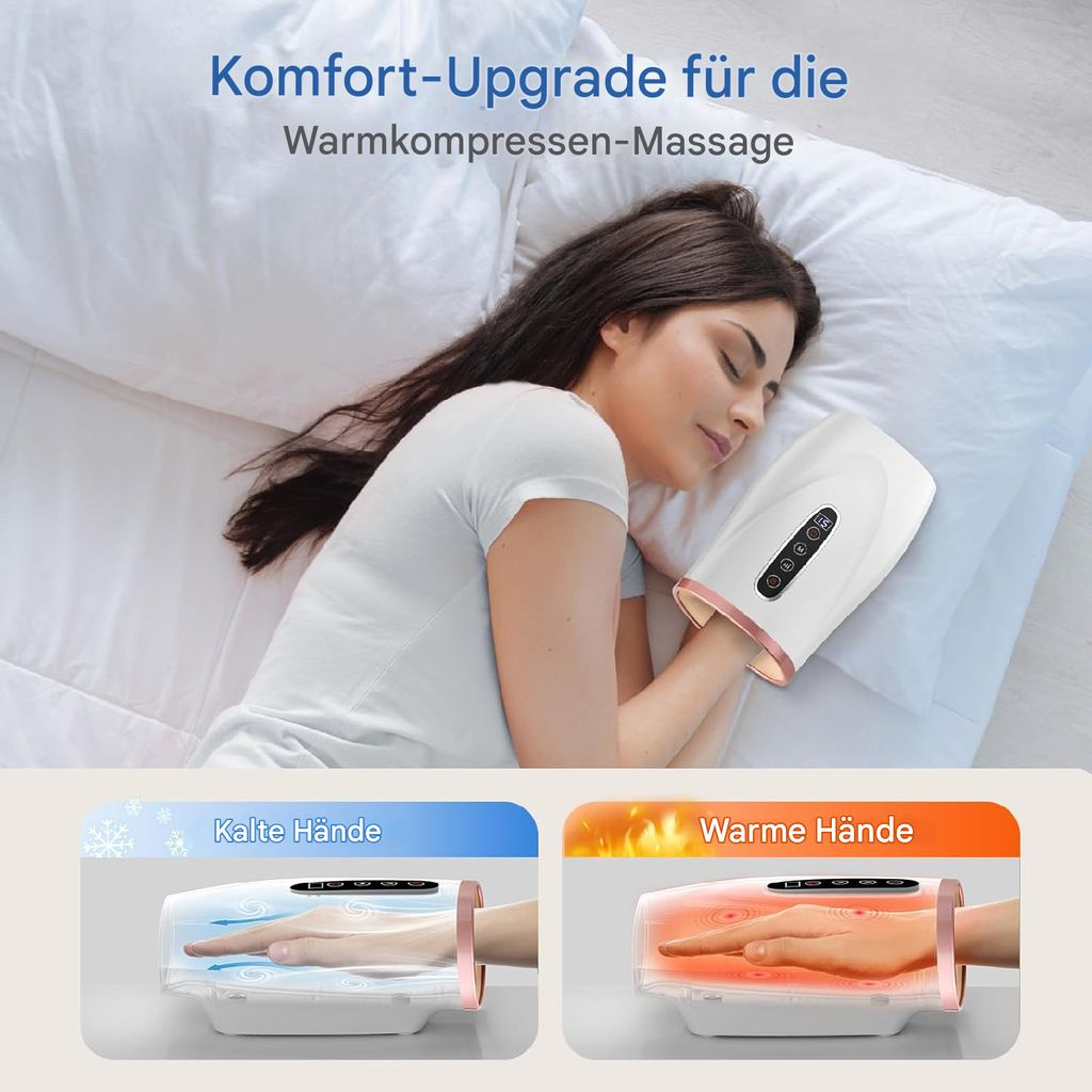 Frau schläft mit Handmassagegerät. Links: Kalte Hände mit Eis. Rechts: Warme Hände mit Feuer.