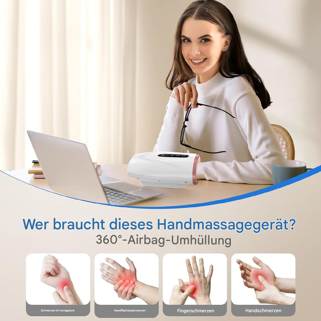 Frau am Schreibtisch mit Handmassagegerät, Laptop und vier Detailbildern von Händen mit Schmerzpunkten.