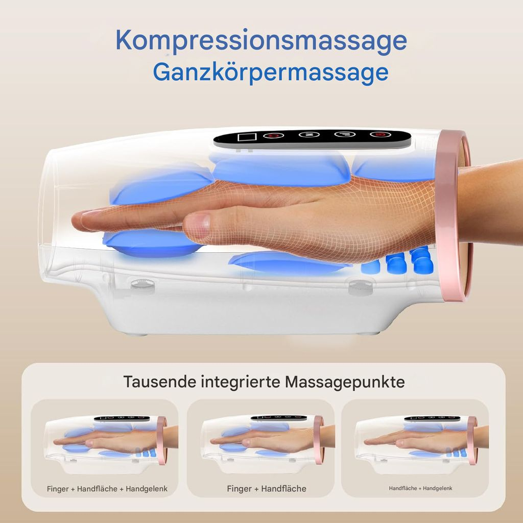 Handmassagegerät mit blauen Luftkissen zur Kompressionsmassage von Fingern und Handgelenk.