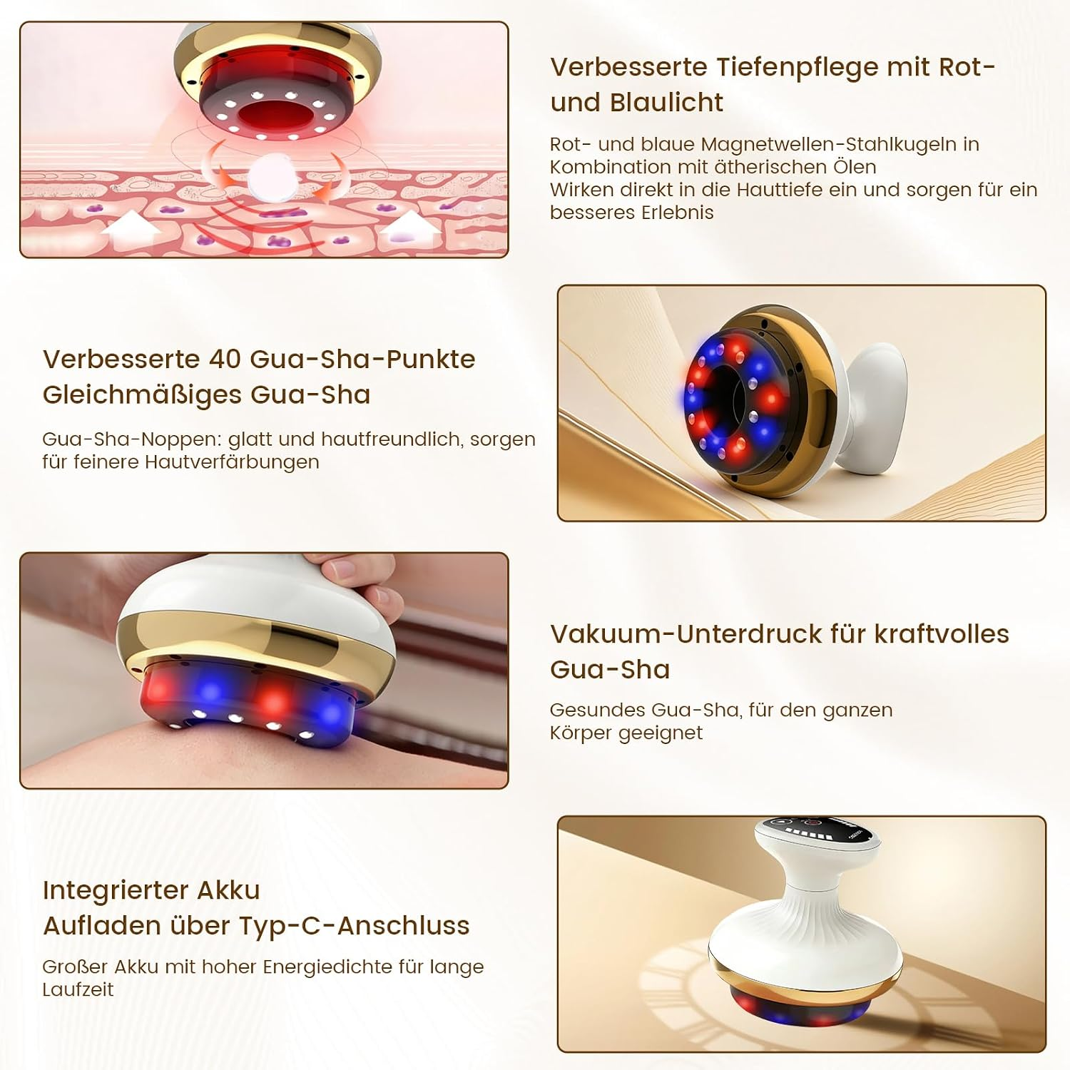 Gerät mit roten und blauen Lichtern für Hautpflege und Gua Sha.