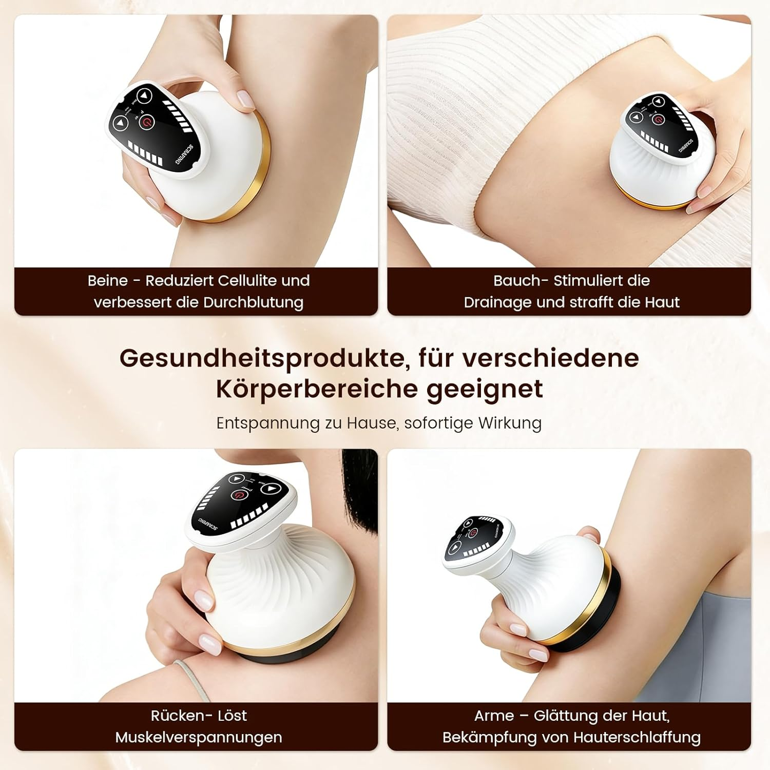 Ein Gerät wird auf einem Bein angewendet, um Cellulite zu reduzieren.