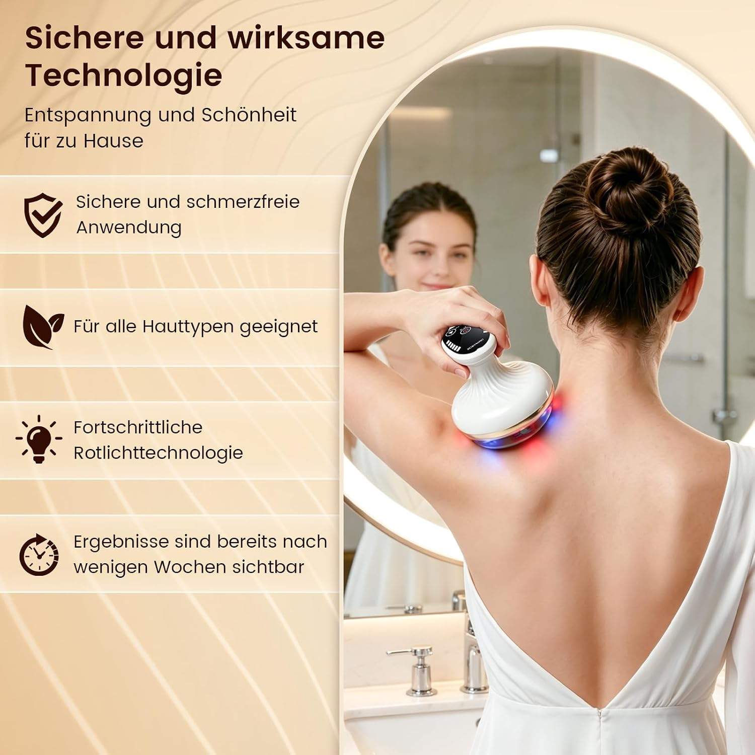 Frau mit weißem Kleid nutzt ein Gerät mit roten und blauen Lichtern am Rücken.