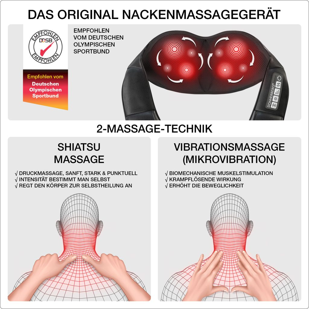 Nackenmassagegerät mit Shiatsu und Vibrationsmassage. Zeigt die Anwendung am Nacken.