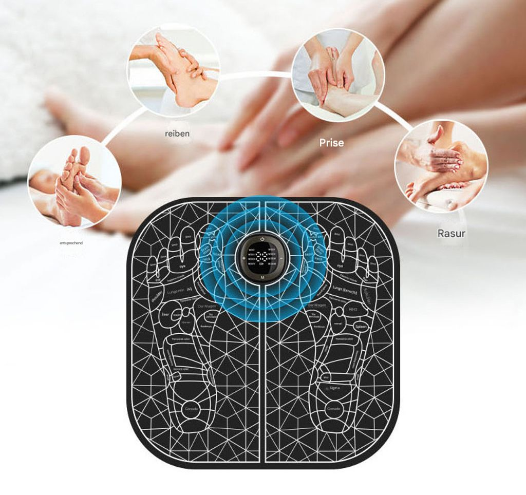 Fußmassagegerät mit Akupressurpunkten, die auf Füßen und Beinen gezeigt werden.