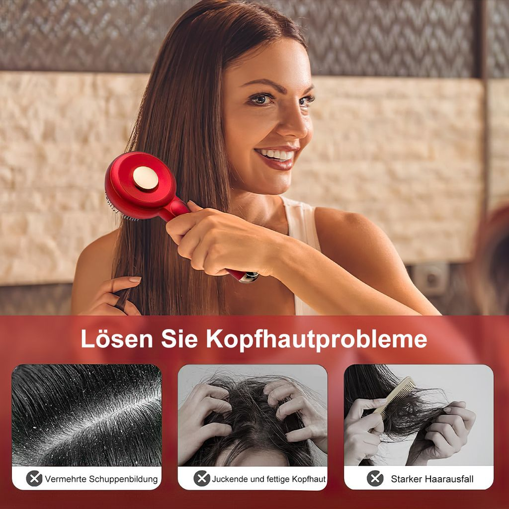 Frau benutzt rotes Gerät am Haar. Schuppen, juckende Kopfhaut, Haarausfall gezeigt.