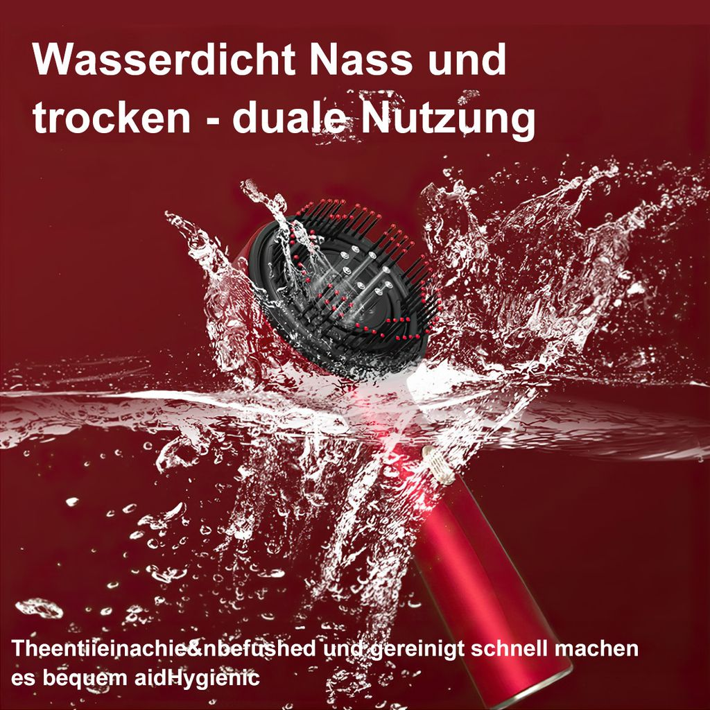 Ein roter Haartrockner mit einem schwarzen Aufsatz taucht in Wasser ein.