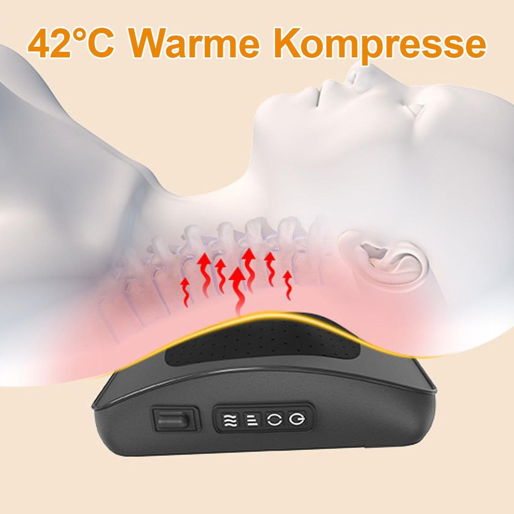 Nackenkissen mit 42°C warmer Kompresse, rote Pfeile zeigen Wärme auf die Wirbelsäule.