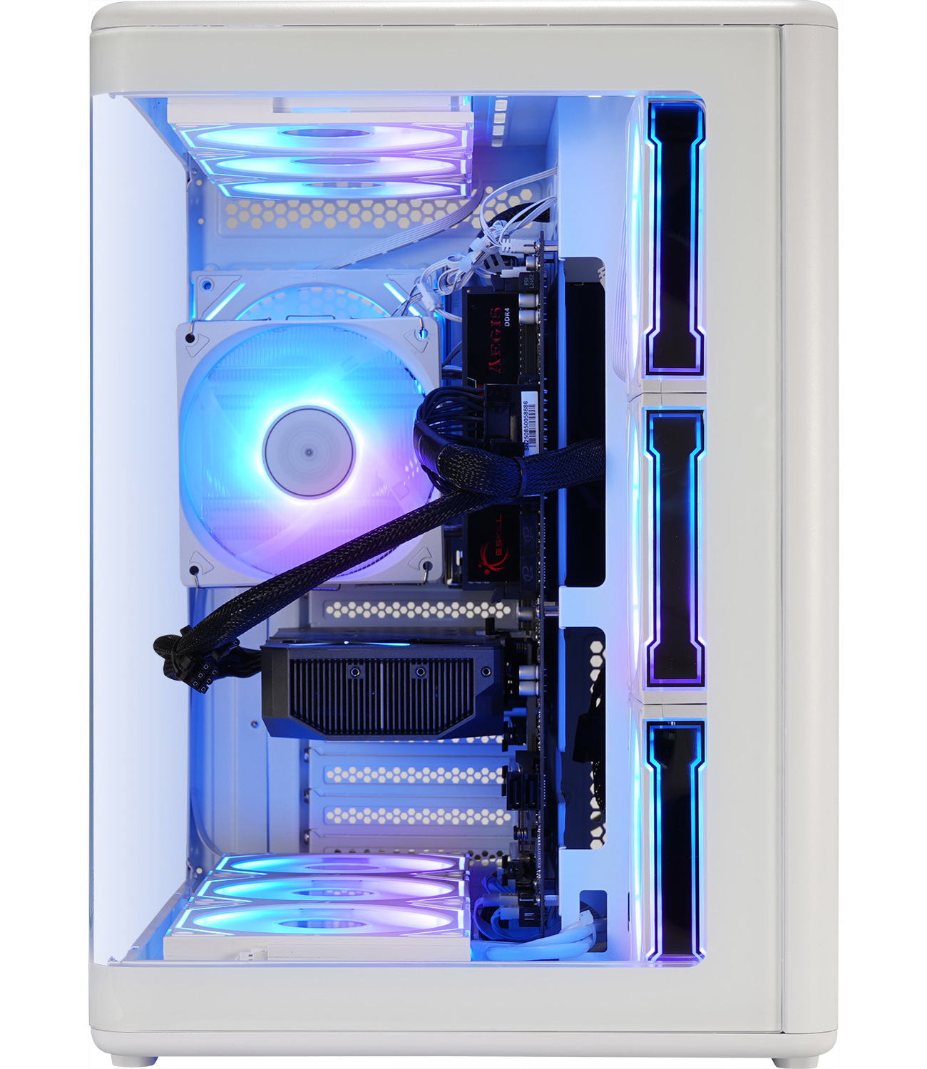 White PC case with RGB fans, graphics card, and RAM. Side view.