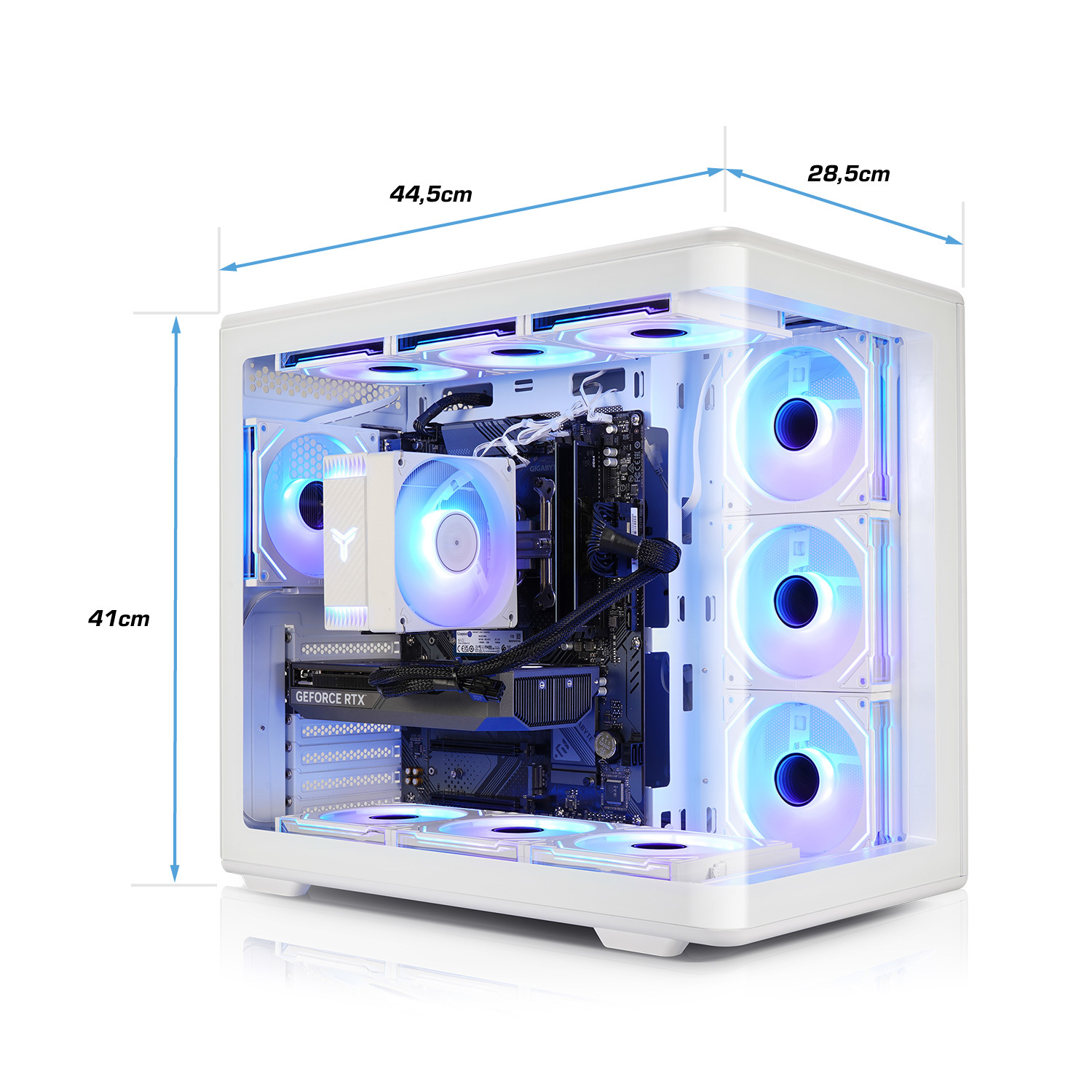 A white PC case with RGB fans, dimensions 44.5x28.5x41 cm.