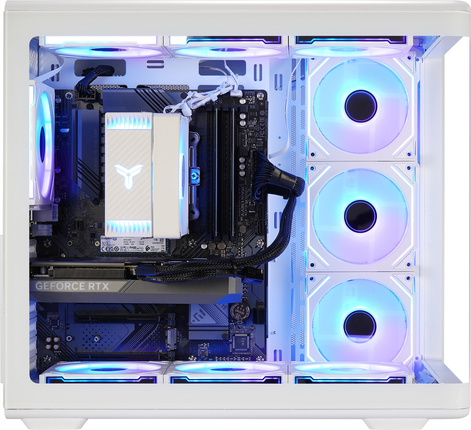 A white computer case with illuminated fans and components inside.