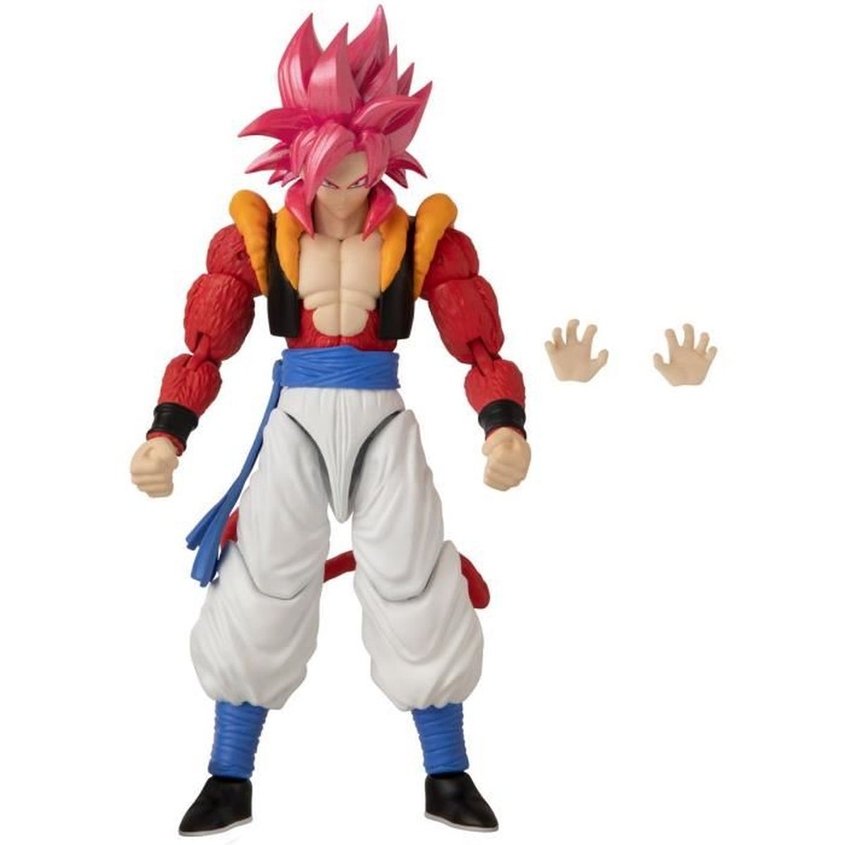 Actionfigur mit rosafarbenen Haaren, rotem Oberteil, blauer Schärpe und weißen Hosen.