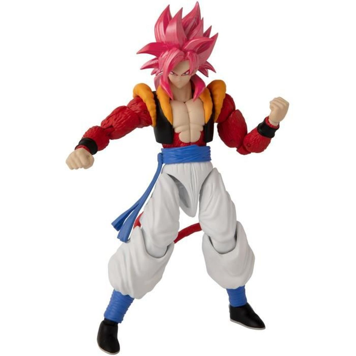 Actionfigur mit pinken Haaren, rotem Oberteil, weißer Hose, blauer Schärpe.